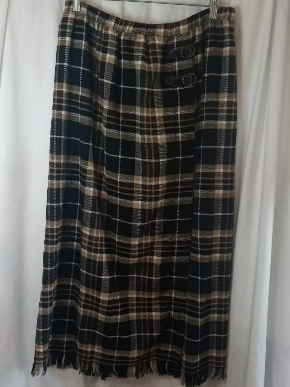 Plus Vintage 1X Teddi Plaid Midi Skirt Buckles Long Raw Hem Brown Cream Black